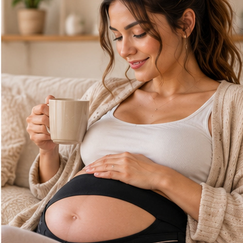 Future maman détendue sur le canapé, portant la ceinture Artisupport